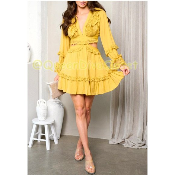 Yellow Gold Ruffle Lace Open Back Cut Out Frill Mini Dress - Picture 2 of 3